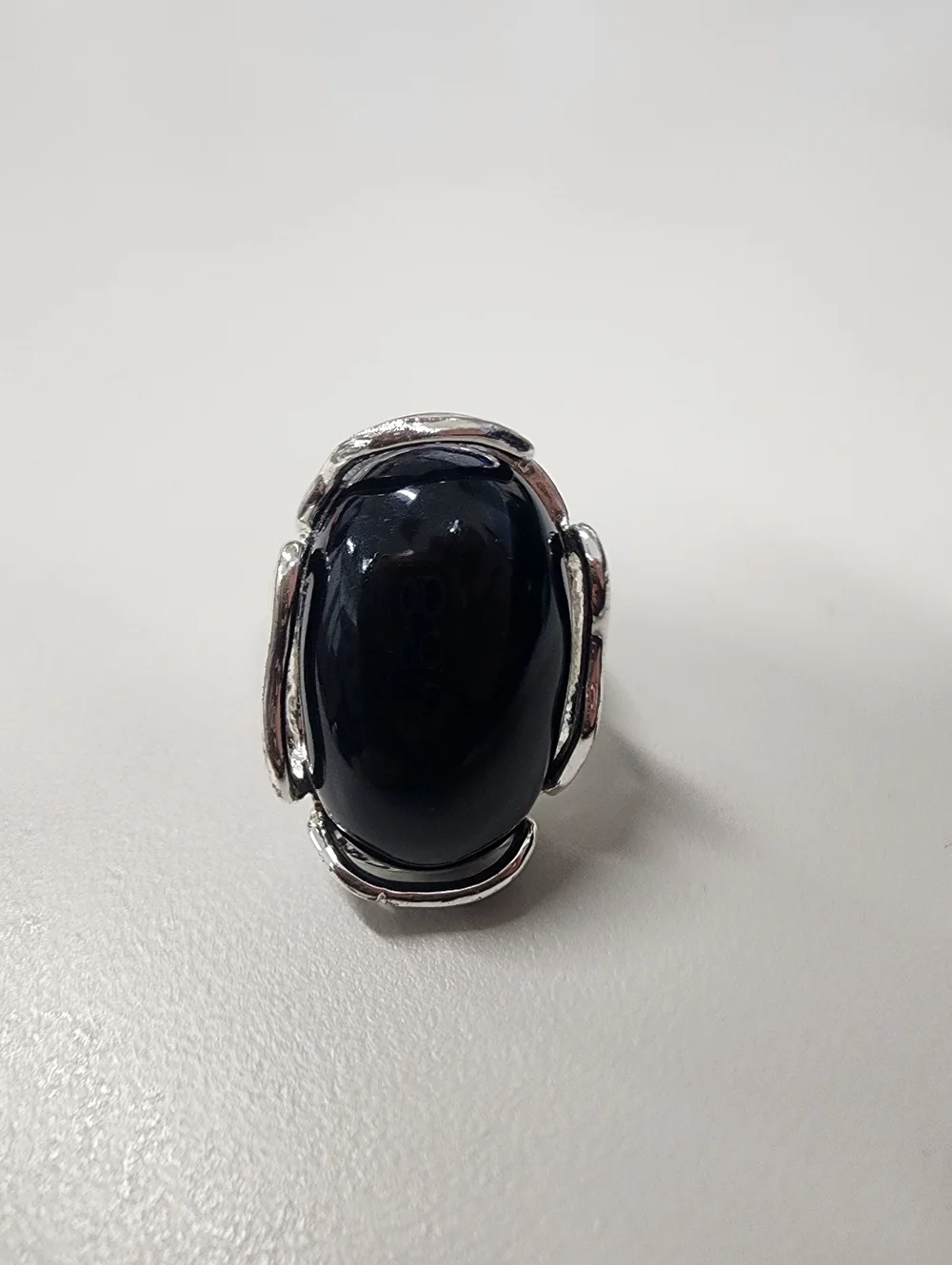 Large Oval Black Acrylic Resin Statement Ring Silver-Tone Wide Metal Band Sz 6.5